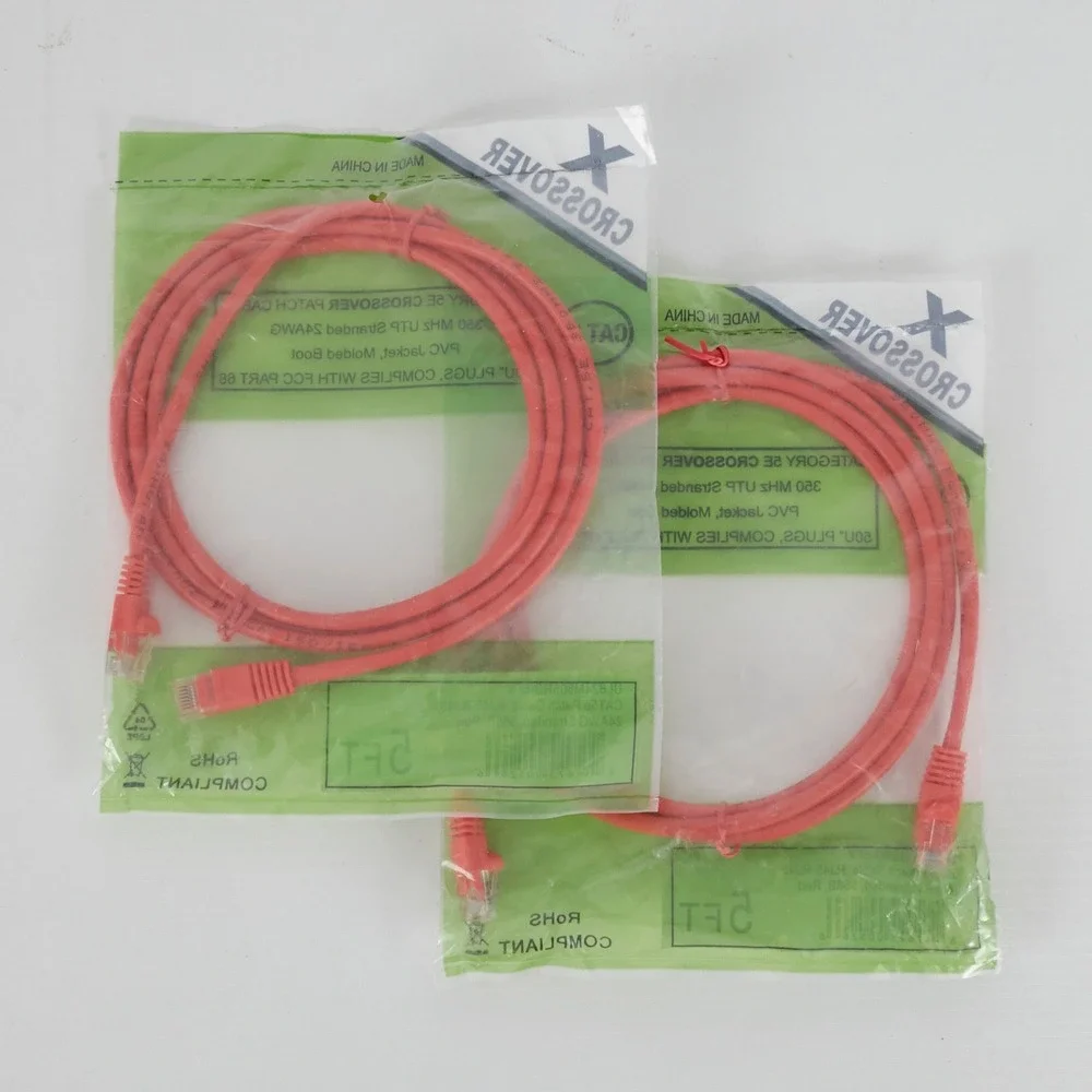 2 Pack Crossover CAT5e Patch Cable‎ 5FT Red Stranded 24AWG RJ45 Molded Boot